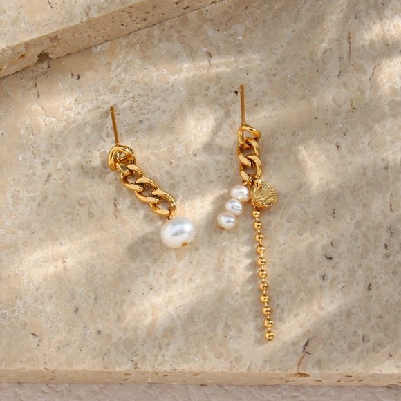 Asymmetrical Dainty Drop‎ Pearl Earrings 18K Gold Plated Stainless Steel - Picture 9 of 11